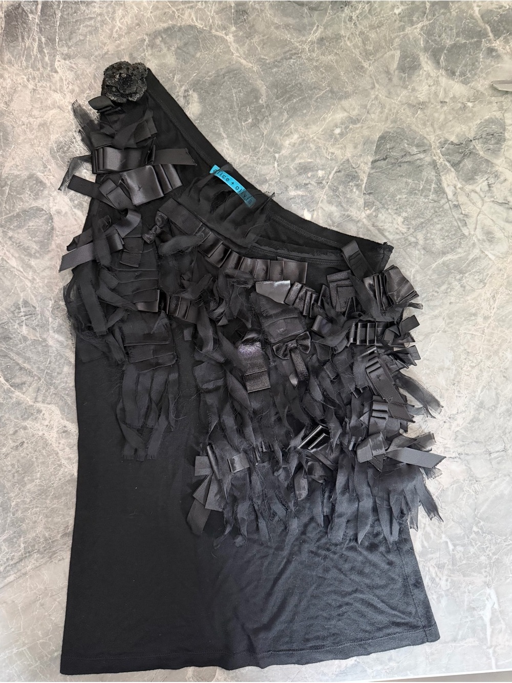 Alice + Olivia Black One Shoulder Ribbon Appliqué Statement Top - Picture 2 of 5